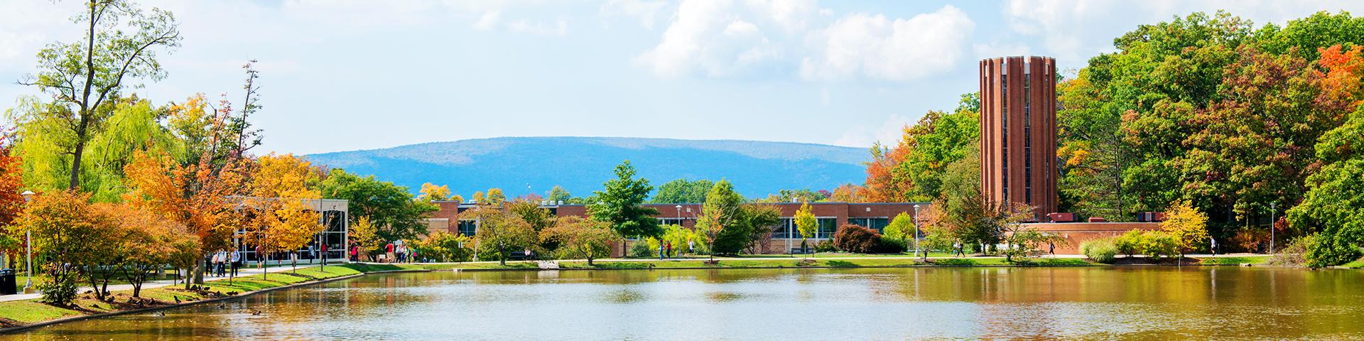 Penn State Altoona's reflecting pond with the Eve Chapel in the background